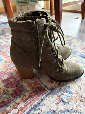 Candie's Olive Green Suede Lace-Up Block Heel Ankle Boots